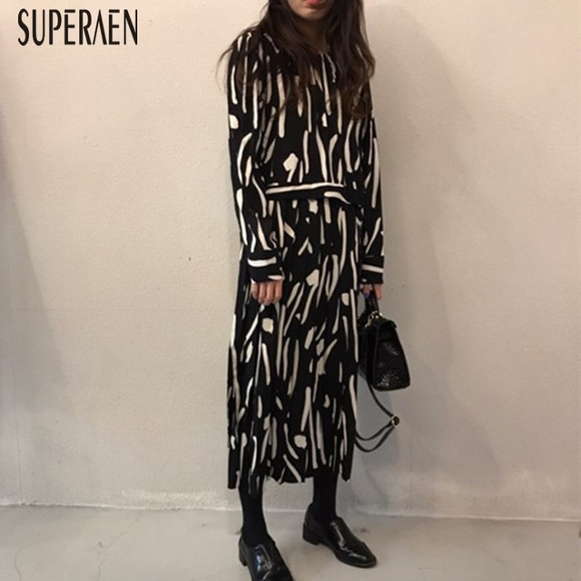 Superaen 韓国スタイル気質カジュアルファッション女性ドレス新秋 18 レースプリーツドレス長袖ルーズロングドレス Black Select Shop Shoushou