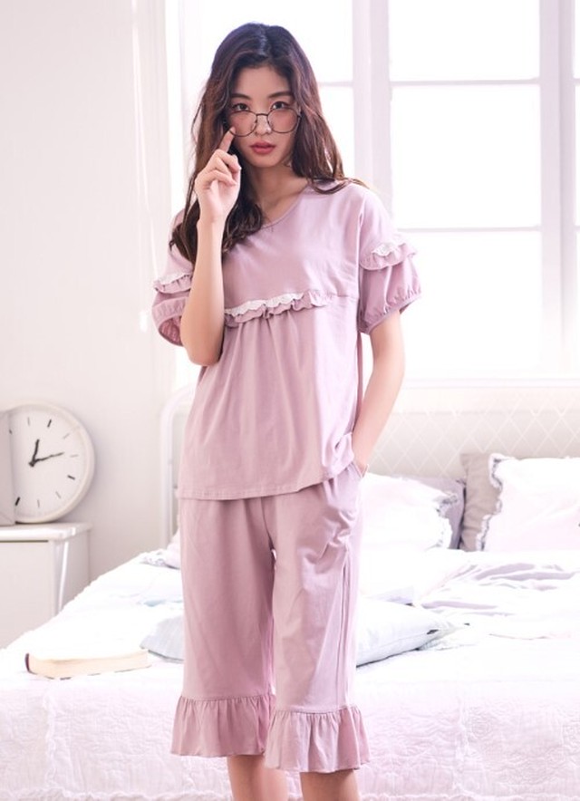 ルームウェア パジャマ レディース セットアップ 大きいサイズ 半袖 フリル パンツ 春夏 フェミニン Ab1635 Valentina210