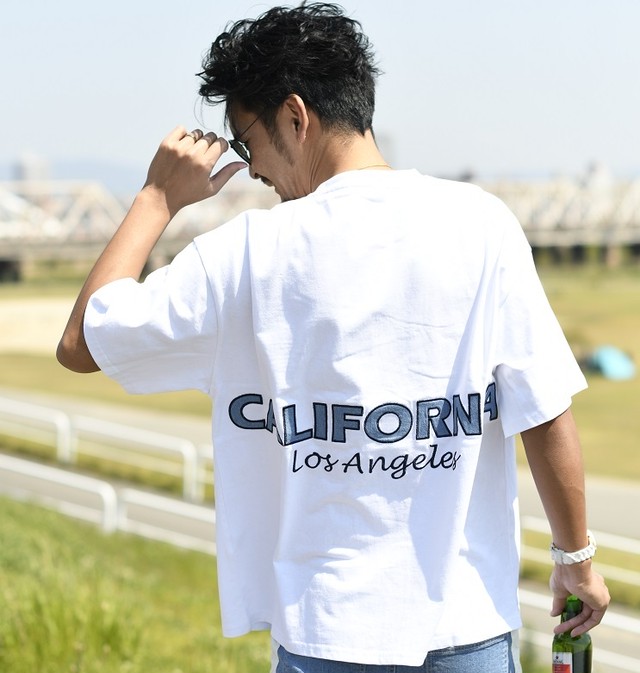 夏 新作 人気 California Los Angeles インディゴ アップリケ 刺繍 ビッグ Tシャツ メンズ レディース 半袖 サーフ Surf ペア カップル カリフォルニア 西海岸 リゾート 波 ウェーブ トレンド オーバーサイズ ファッション 海 ビーチ Old