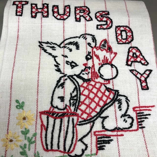 アメリカンヴィンテージ クロス 刺繍 犬 わんちゃん タオル Thursday アンティーク ビンテージ雑貨 ゴー ビンテージ Go Vintage