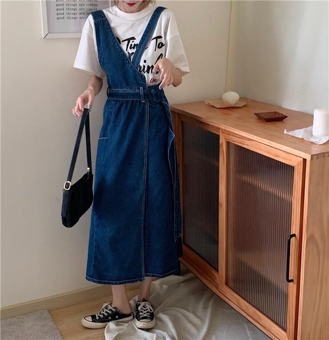 サロペットスカート ジャンパースカートワンピース デニム アシンメトリー ロング丈 カジュアル ストリート オールシーズン Pp Mahha Planet