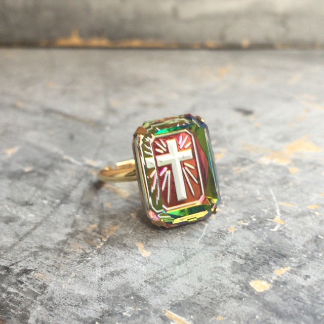 ヴィンテージオクタゴンレインボークロスストーンインタリオリング Tiny Star