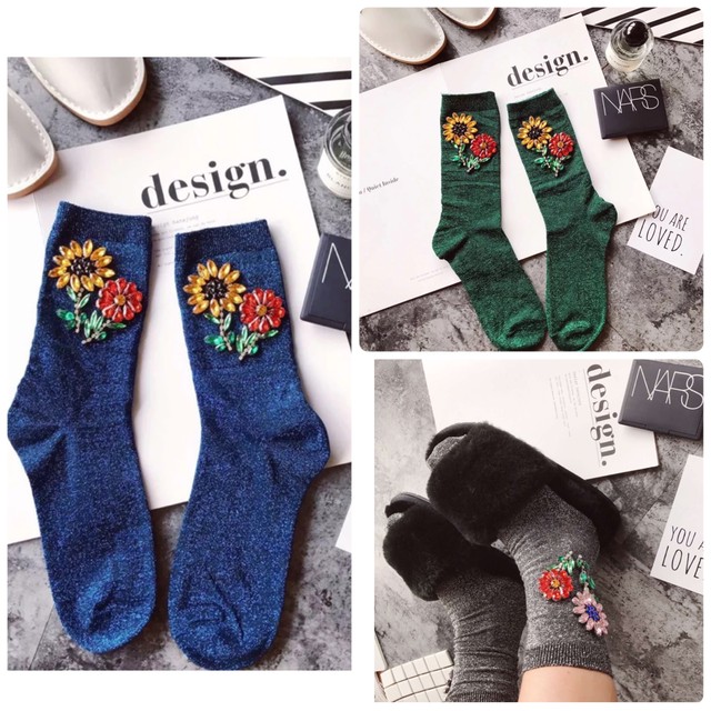 激かわいい ビジュー付きラメソックス 靴下 レディース 女性用 大人用 可愛い Hikari Socks インポート靴下専門店です