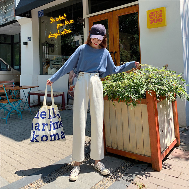 レディース パンツ ボトムス 春秋冬 アンクル丈 ハイウエスト パンツ 脚長効果 古着 シンプル カジュアル おしゃれ メンズライク かっこいい お出かけ デート 通勤 オフィス 通学 学生 キャンパス 旅行 普段着 ホワイト ブルー ネイビー 青 白 Hf Haru Meets Foo