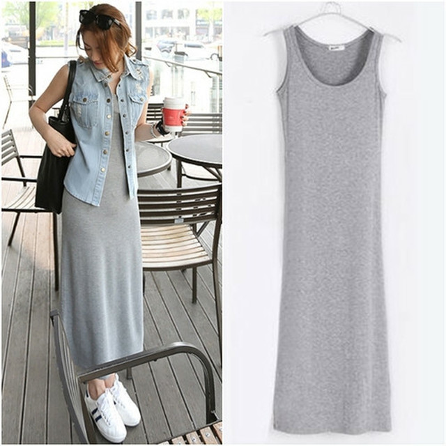 No 31 M グレー 浅灰 ワンピース ロング丈 タンクトップ ノースリーブ Tシャツ 体型カバー 春夏 韓国ファッション Roi5 Next Dream