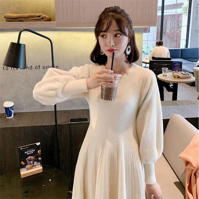 ニットワンピース 秋 冬 エレガント きれいめ 30代 40代 50代 無地 ラウンドネック バルーンスリーブ 長袖 ミモレ丈 プリーツ かわいい 大人女子 ガーリー デート お出かけ お呼ばれ 女子会 Rb A10 0012 Redbell