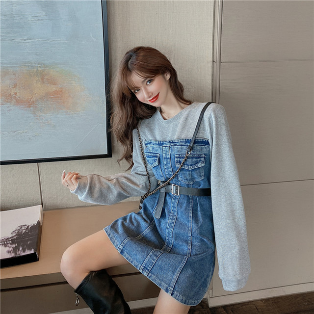 Dress 今季マストバイカジュアルデニム切り替えワンピースベルト付ゆったり Nanastyle