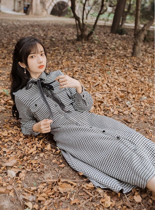ガーリーコーデ シャツワンピ ひざ丈ワンピース 千鳥柄 リボンネクタイ レディース フェミニン Aライン 春秋 長袖 Ptnym2765 Shop Suba