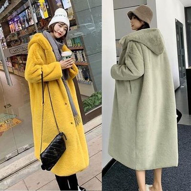 全7色 アウター コート レディース カジュアル きれいめ 冬 大きいサイズ ロングコート ファーコート フェイクファー フード付き もこもこ フェミニン かわいい ゆったり 体型カバー 防寒 イエロー ブラック ベージュ ピンク ブルー グリーン キャメル Xl 代 30代 40代