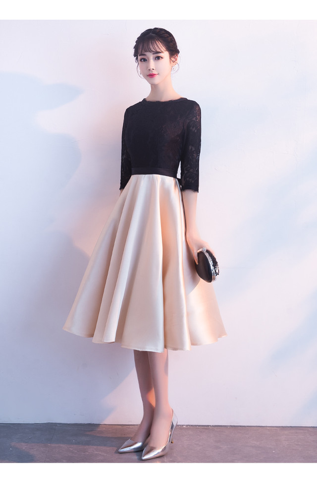 大人きれいめ ひざ丈ワンピース ミモレ丈 ワンピースドレス バイカラー ハイウエスト バックリボン シンプル パーティードレス 結婚式 二次会 謝恩会 同窓会 女子会 食事会 Rcsb002 Dress Suba