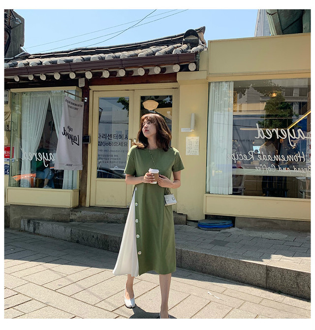 サイド切替aラインワンピース Bs 434 ワンピース ロング丈 ミモレ丈 半袖 ラウンドネック 丸首 クルーネック ロングワンピース サイドスリット お洒落 おしゃれデザイン シンプル 無地 大人カジュアル 大人可愛い 爽やか ナチュラル 韓国ファッション レトロ 夏