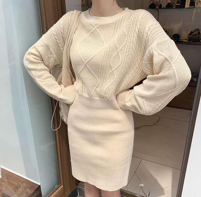 ワンピース 春ワンピース ニットワンピ ダイヤ柄 ミニ ショート アイボリー 無地 ベージュ シンプル タイト 伸縮 ストレッチ 長袖 秋 冬 10代 代 30代 40 Ptngt0549 Shop Suba