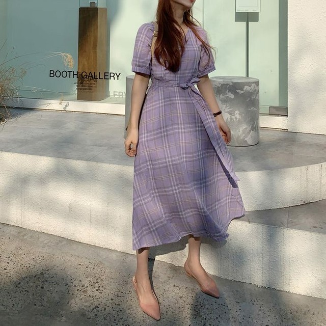 ウエストリボンワンピース チェック柄 ウエストリボン ワンピース 半袖 ロング ミモレ丈 ガーリー リボン 春 夏 大人 デート 旅行 女子会 韓国 韓国ファッション オルチャン 可愛い レディース Fa913 Musubi Me 韓国 オルチャン レディースファッションのお店