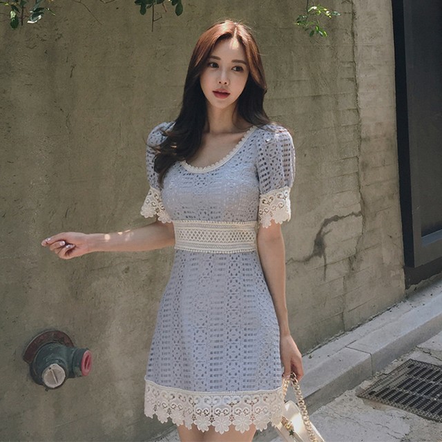 バイカラー 透かしレース ミニ ワンピース ショート ラウンドネック 半袖 トレンド きれいめ フェミニン お出かけ お呼ばれ 春夏 Officewalaa オフィスワラア レディースファッション スタイル