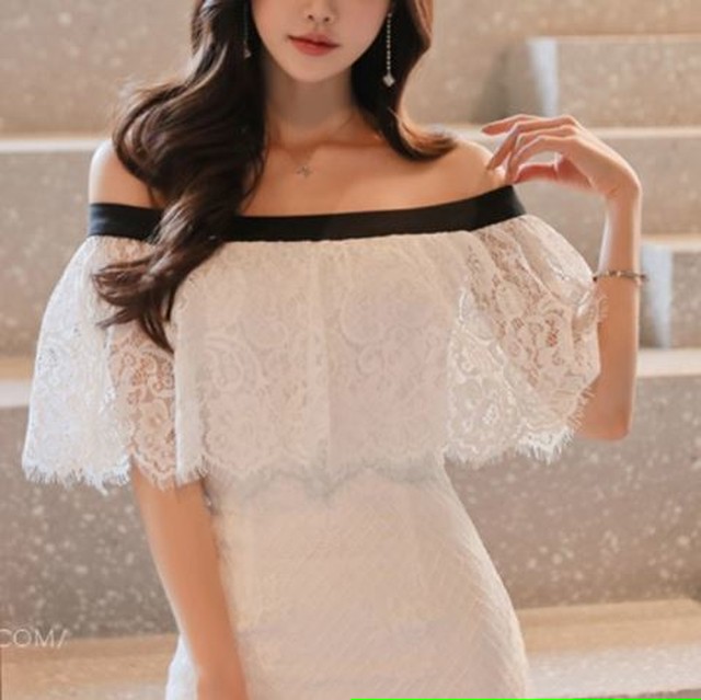 白 総レース 上品 オフショルダー ひざ丈 タイト ワンピース 韓国 オルチャン お呼ばれ 結婚式 披露宴 パーティー ドレス A115 Ayaland Dress 韓国 オルチャン ドレスショップ