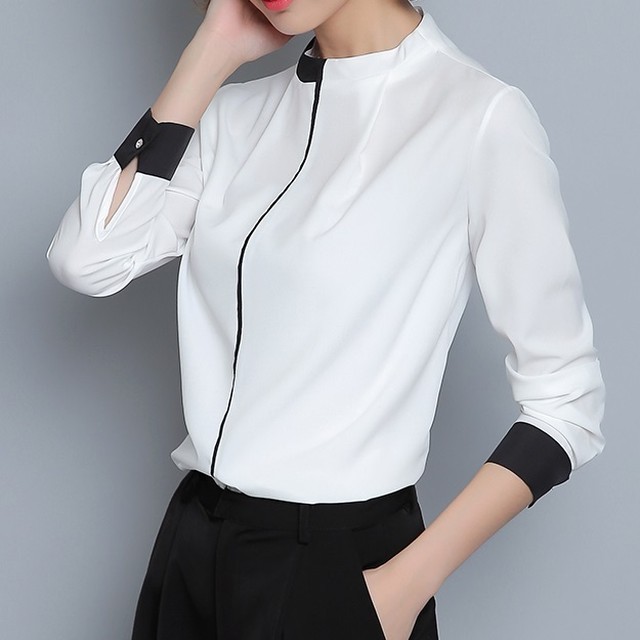 バイカラー アシンメトリー スタンドカラーブラウス シフォン 春服 秋服 通勤 レディース I0168 Aeka Clothet For Worker