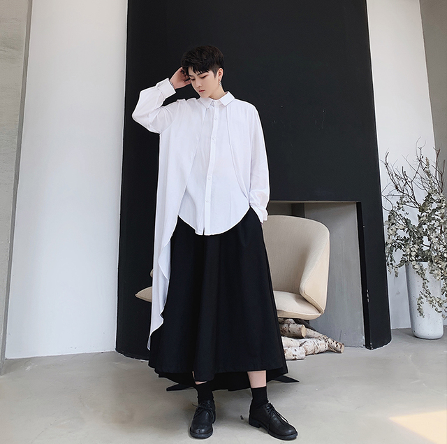 Top Mode シャツ 黒シャツ ロングシャツ ロング丈 モード系 ブラック 黒 ホワイト 白 メンズ レディース ユニセックス Men55 Top Mode