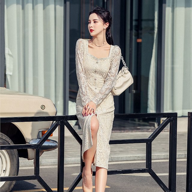 ワンピース レディース パーティドレス 代 韓国 結婚式 10代 30代 膝下丈 長袖 レース 花柄 スクエアネック 二次会 レトロ きれいめ ブラック ホワイト 大人 ワンピの里