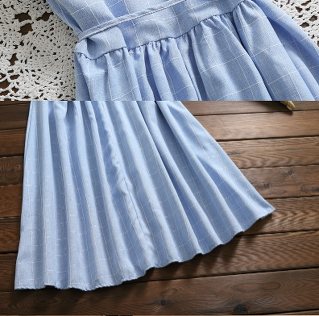 森ガール 韓国風 ワンピース 青 チェック柄 ノースリーブ カジュアル レースアップ エレガント 水色 夏 Cinderella Story