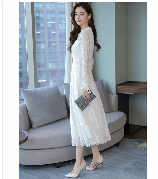 大きい サイズ レディース フォーマル ワンピース 清楚なレースワンピース 長袖ロングワンピース フォーマルドレス 通勤ワンピースパーテ Basecamp49
