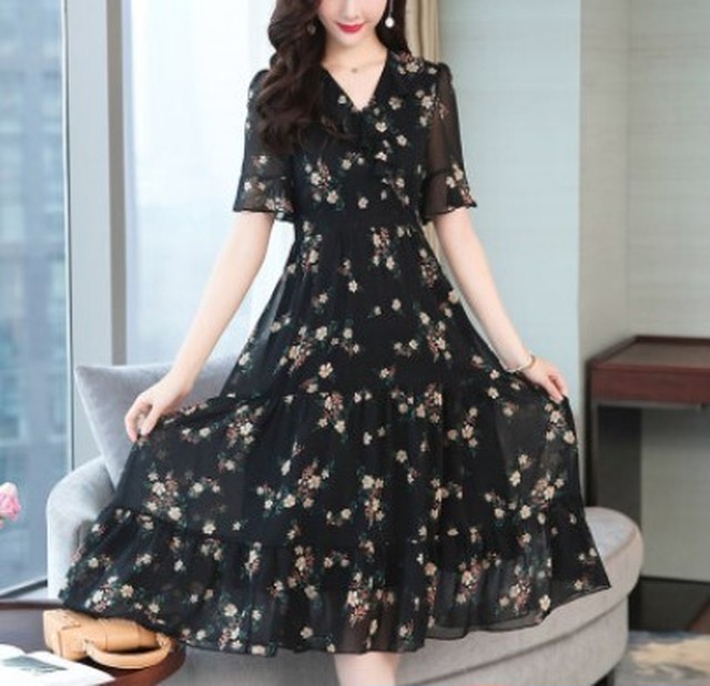 レディース シフォン 花柄 夏 ワンピース ドレス ティアード 膝下丈 フリル袖 上品 薄手 30代 40代 50代 Cnalbn0262 Bouquet De Coton