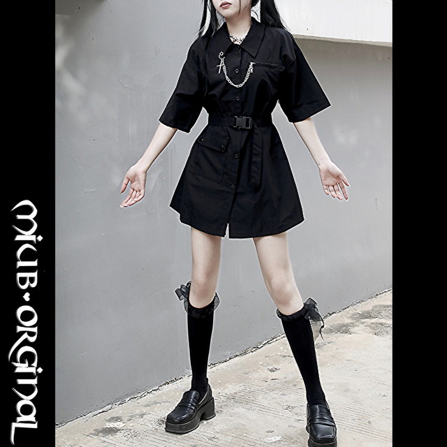 シャツワンピ 十字架 ネックチェーン バックルベルト Darkness 病み可愛い ゴスロリ 地雷系 原宿女子 ストリート系 韓国系 10代 代 モード系ファッション専門店 With U