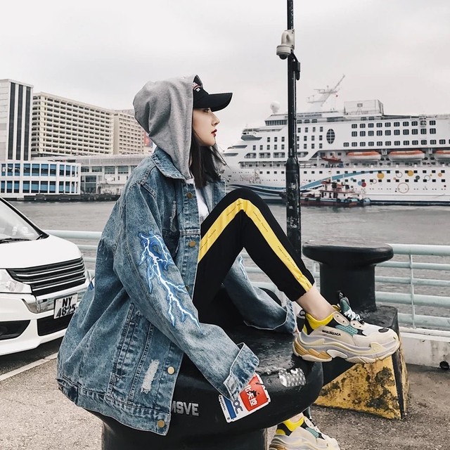 【即納】print hood denim jacket