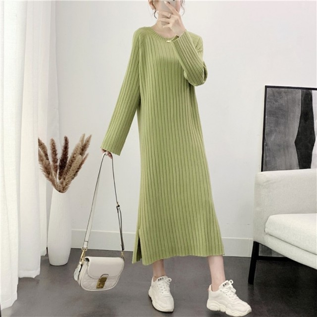 ニットワンピース プリーツ リブワンピース ロングスリーブ ワンピース レディース ラウンドネック スリット 秋 ゆったり リラクシー Af4270 Raxia ラクシア