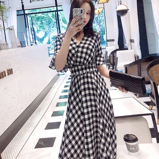 ワンピース レディース Aライン ドレス ハイウエスト チェック柄 着回し おしゃれ かわいい 甘コーデ ガーリー 清楚 上品 半袖 Vネック ロング ミモレ丈 ひざ下 体型カバー レトロ クラシカル 10代 代 30代 お出かけ デート 女子会 ランチ 学生 リゾート 旅行