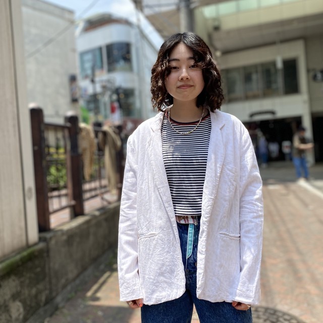 キレイめのハズしに テーラードジャケット リネン混 総柄 白 ピンクベージュ L Slat Albatross Isla Vintage