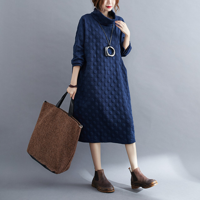 レディース ワンピース 冬 冬物 秋冬 おしゃれ 30代 40代 ハイネック 長袖 ゆったり 大きめ 大きいサイズ 水玉 かわいい きれいめ 膝下丈 お出かけ Hr614 Raxia ラクシア