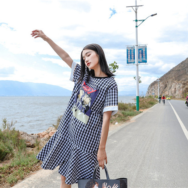 ギンガムチェック 柄 裾フリル 半袖 ワンピース ロング プリント イラスト Shop Daiv これから可愛くなるあなたのために