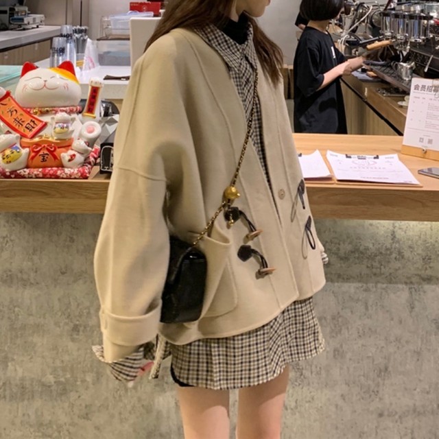 レディース 秋 冬 セットアップ アウター ジャケット 羽織り ホーンバックル ポケット ゆったり トレンチ コート シャツ ブラウス チェック柄 襟付き シンプル レトロ カジュアル 大人可愛い おしゃれ お出かけ デート 女子会 通勤 オフィス 通学 学生 キャンパス 旅行