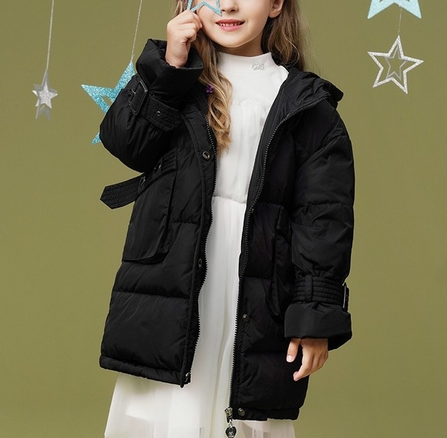 女の子ダウンコートフード付きバルーン袖大きいポケット黒色 Junki S