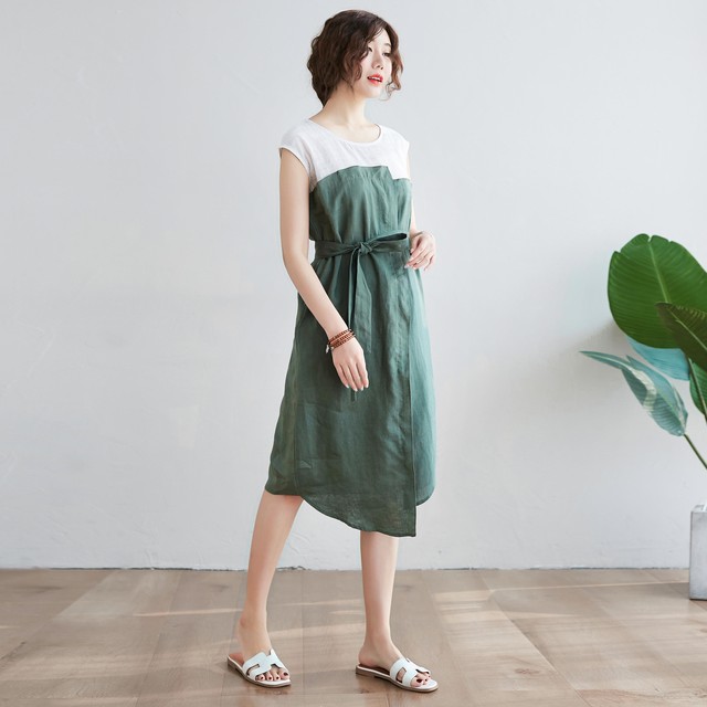 ロングワンピース 大きいサイズ 夏 ワンピース 膝丈 夏 大きいサイズ 膝丈 クルーネック ノースリーブ フロントリボン 異素材切り替え ゆったり 春夏 体型カバー 妊婦 マタニティワンピース L Xl 2l 3l 4l E134 Like Home
