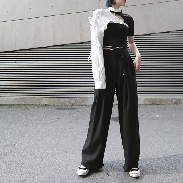 2color モード系 スリーブデザイン リボンテープ装飾 ハード シャツ ブラウス ストリート カジュアル アクセサリー Toptop