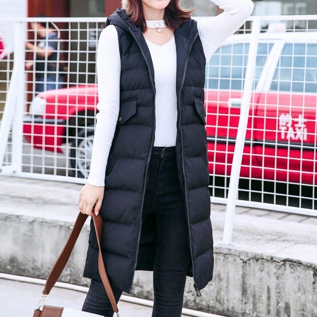 593 すっきり体型カバー効果のあるフード付きロングダウンベスト ブラック 海外のプチプラきれいめカジュアルレディースファッション Pakaian Lucu 海外のプチプラきれいめカジュアルレディースファッション Pakaian Lucu