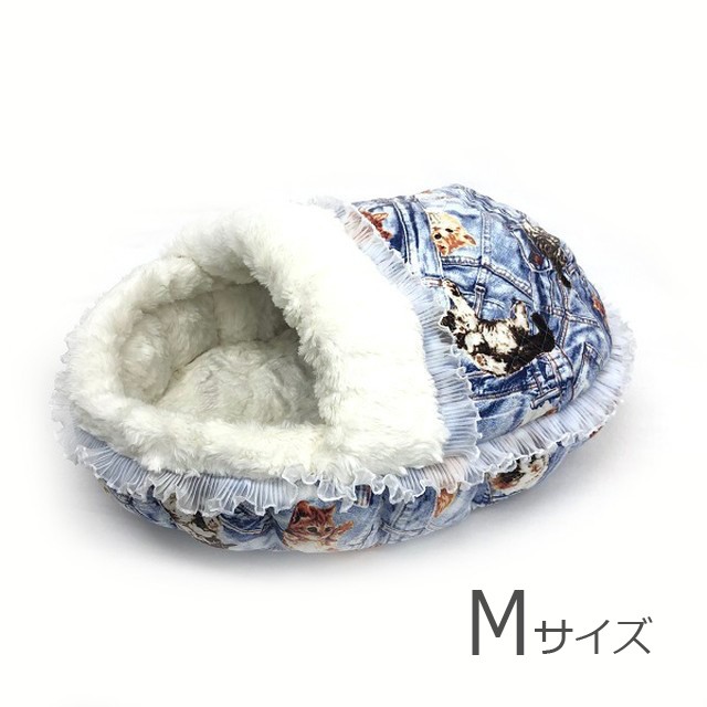 ふーじこちゃんママ手作り ドーム型ベッド コットンデニム風ねこ柄 ボアホワイト Mサイズ Db 115m Tail Of Cat 猫のシッポ