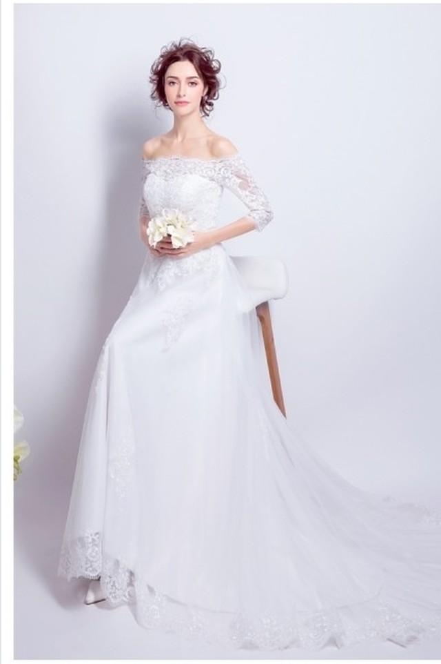 ボートネック ワンピース パーティードレス 贅沢なレース 結婚式 ウェディングドレスト 二次会 披露宴 ボートネック 半袖 Basecamp49