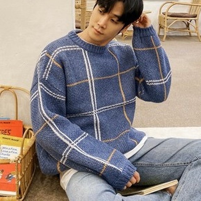 韓国メンズファッション ラウンドネックセーター チェック柄 カジュアル チェックセーター シンプル 丸襟 送料無料 韓国メンズ服 流行プチプラ韓国メンズファッション新作通販 Buy The World