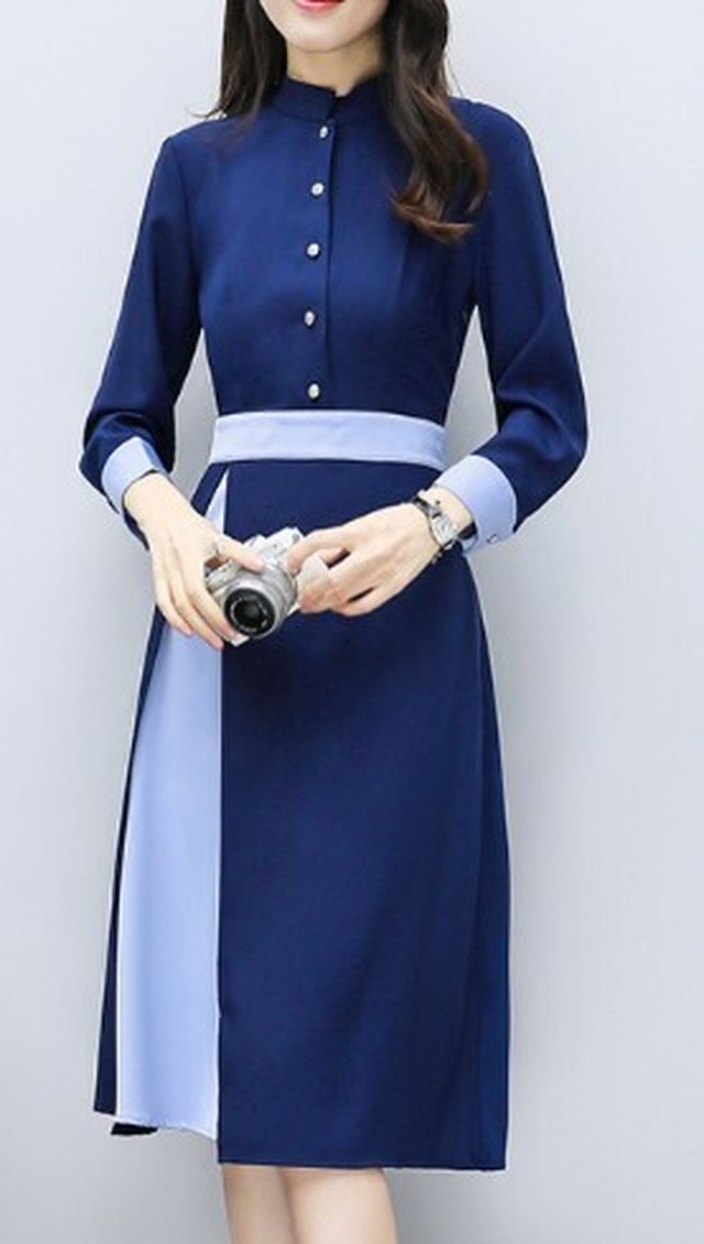 秋物 ワンピース 配色ワンピース フレアワンピース 膝丈ワンピース 九分袖 スタンドカラー ハイウエスト お出掛け お呼ばれ Magnifique