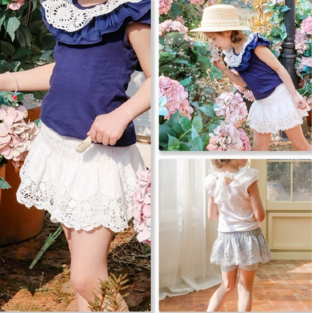 韓国子供服flo スカッツ レギンス付きスカート 上品な刺繍編みのレースデザインがとってっも可愛いスカッツです Milkyjiji