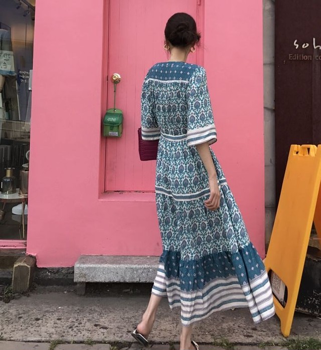 レディース 春夏 ワンピース ロング丈 エスニック調 ペイズリー柄 ボヘミアン リゾートワンピース ブルー Kanota