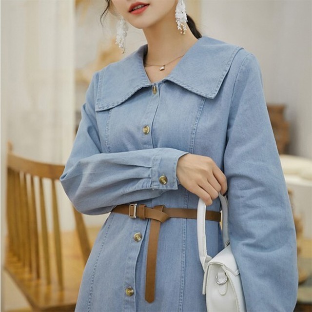 デニムワンピース 秋冬 レディース 秋冬 大きめ襟 ミディアムロング 大人可愛い ベルト付き 前ボタン 授乳 大きめサイズ カジュアル Shopmall To You