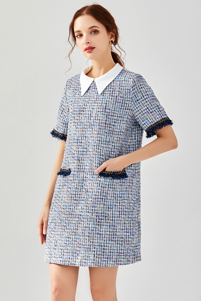 ツイードワンピ ツイード ワンピース ツイードワンピース 半袖 膝上丈 ミニ丈 膝丈 ブルー レッド 2色展開 異素材ミックス バイカラー フリンジ シャツカラー ストレートシルエット すとんと ゆったり ゆるっと ゆるかわ バックファスナー ジップ チャック ポケット 格子