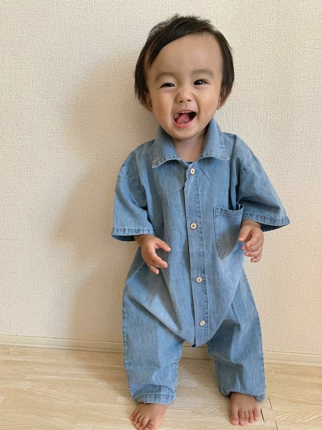 即納 韓国子供服 シンプル デニム つなぎ 1ポケット 半袖 ロンパース Carina Kids Baby 送料無料
