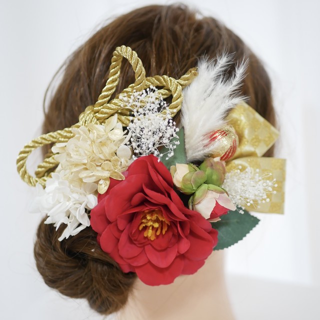 F14 ダブルリボンとドライフラワーの髪飾り 椿 Lomeri ロメリ お花のヘアアクセサリー専門店