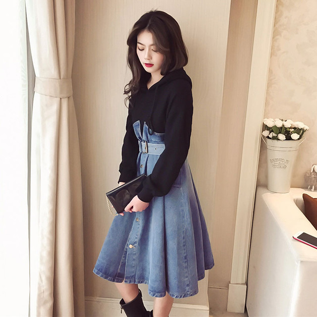 ドッキングワンピース デニム バイカラー パーカー フーディー ミニ丈 フレアスカート Aライン デート ｇｄｒ