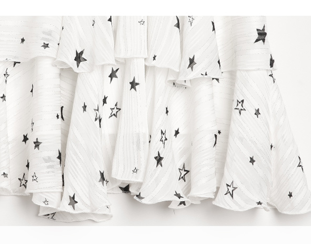 カステラのスカート 星 ワンピース ラッパのそで ホワイト シフォン シングルボタン 北楽