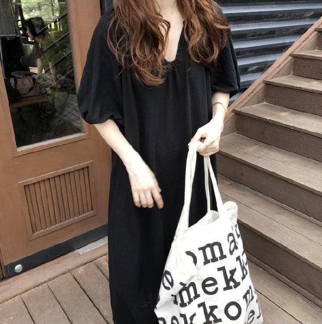 ワンピース 全2色 ワンピース ワンピ ゆったり 体型カバー 着瘦せ Vネック コットン シンプル 普段着 カジュアル 通勤 通学 Ol オフィス お出かけ Goldayahiro